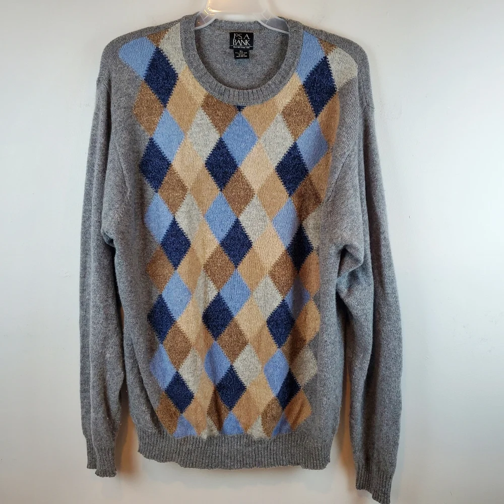 Jos A Bank Argyle Lambs Wool Sweater Size XL Mens Gray Crew Neck Knit - Picture 2 of 7